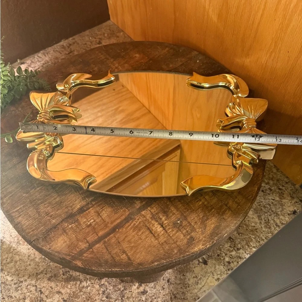 Hollywood Regency Style Vanity Mirror Tray Featuring Gold Ribbon And Bow Design